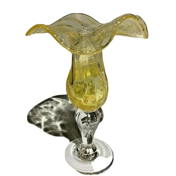 VTG Saba Bio French Art Glass Candlestick 7" Bubble Clear Yellow Open Flower 7" - Picture 2 of 15
